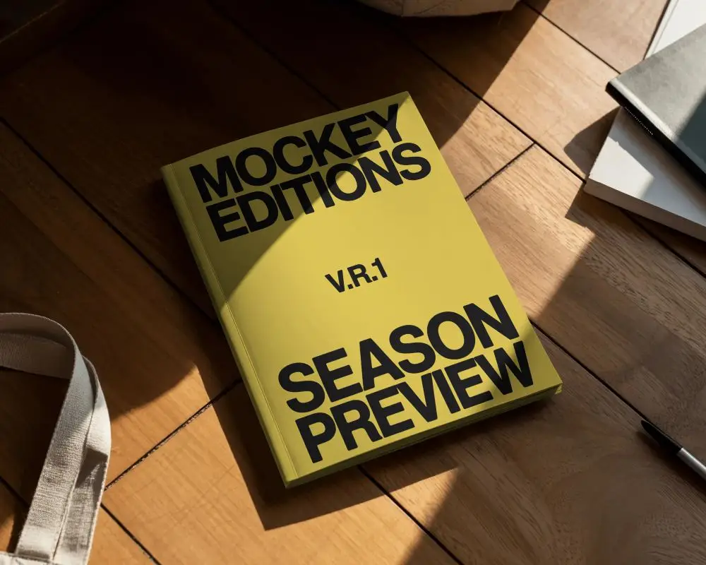 Sunlit Floor Magazine Mockup With Soft Shadow And Wooden Texture Background