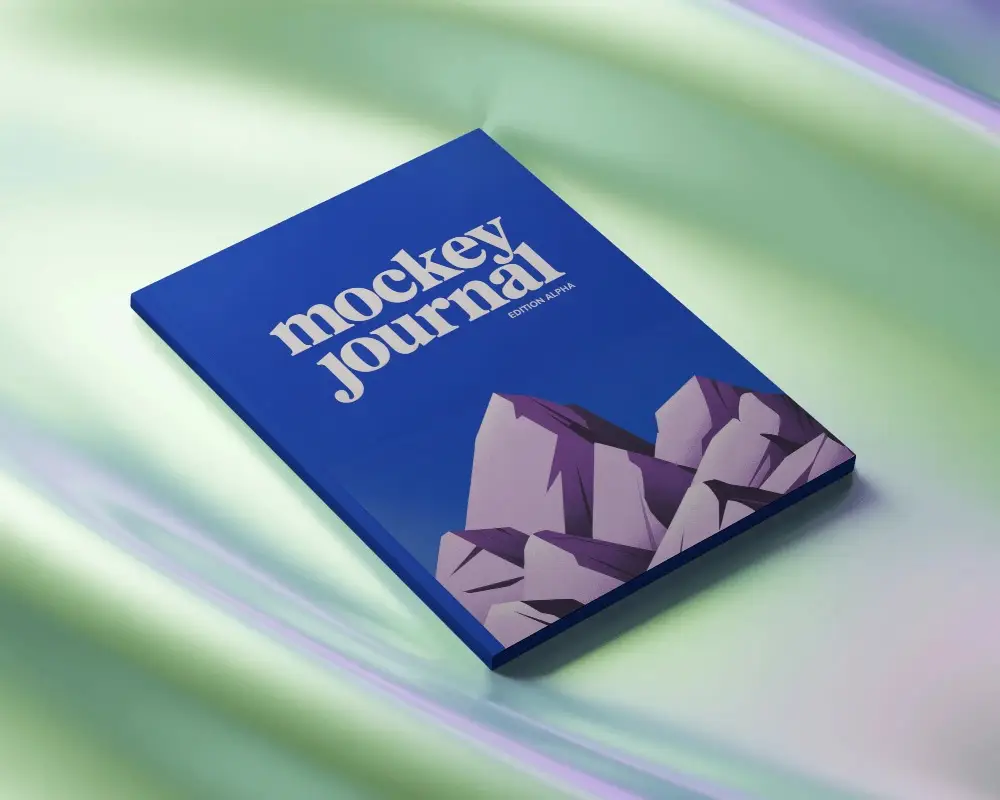 Abstract Flow Magazine Mockup On Iridescent Surface With Smooth Gradient Waves