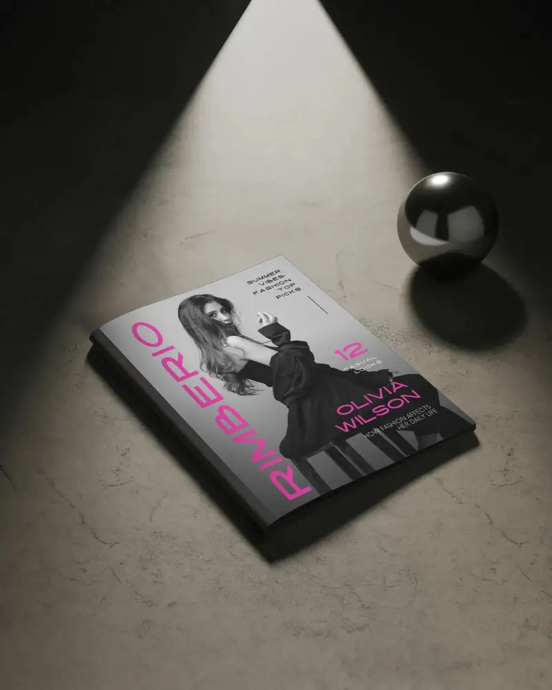 Dramatic Spotlight Magazine Mockup On Textured Floor With Metal Sphere Accent