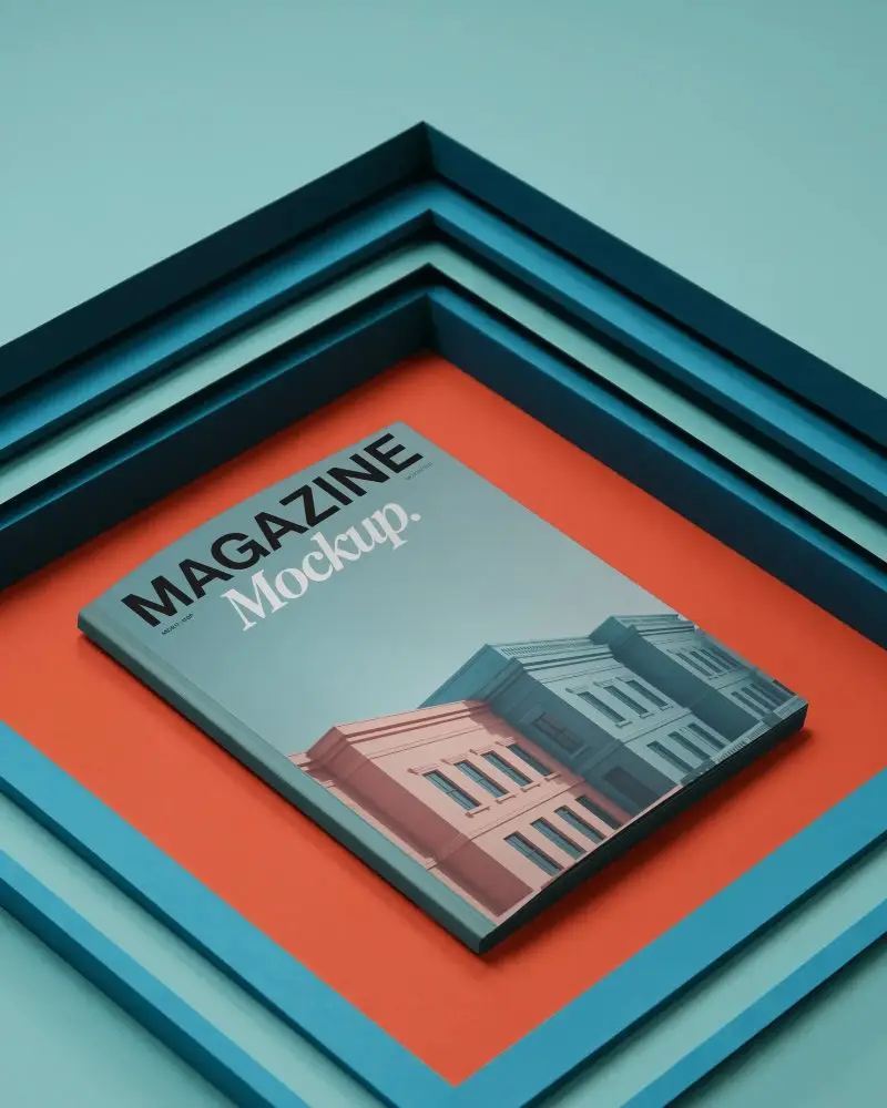 Layered Frame Magazine Mockup On Geometric Platform With Bold Color Contrast