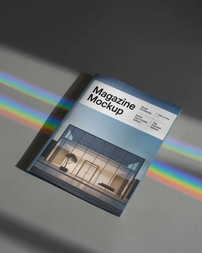 Iridescent Prism Light Shadow Magazine Mockup With Spectrum Light Effect And Clean Layout