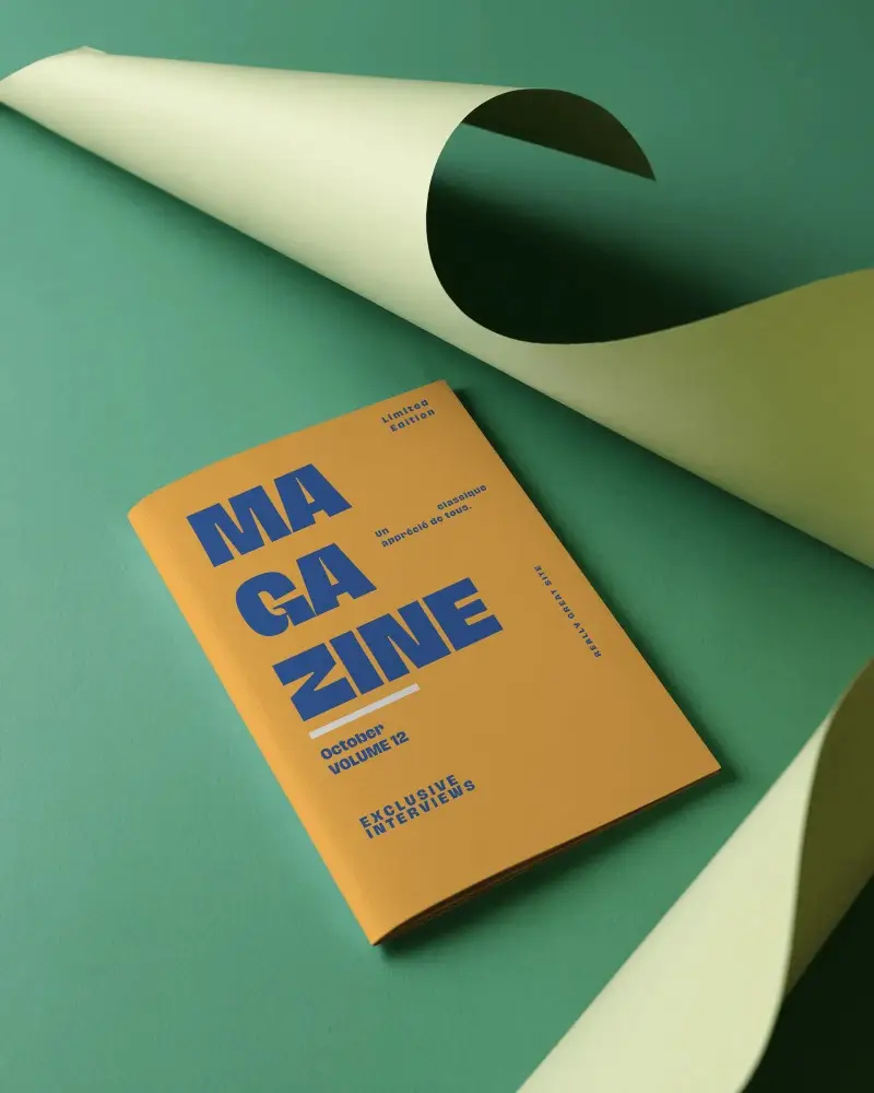 Curled Paper Magazine Mockup On Textured Surface With Creative Layered Composition