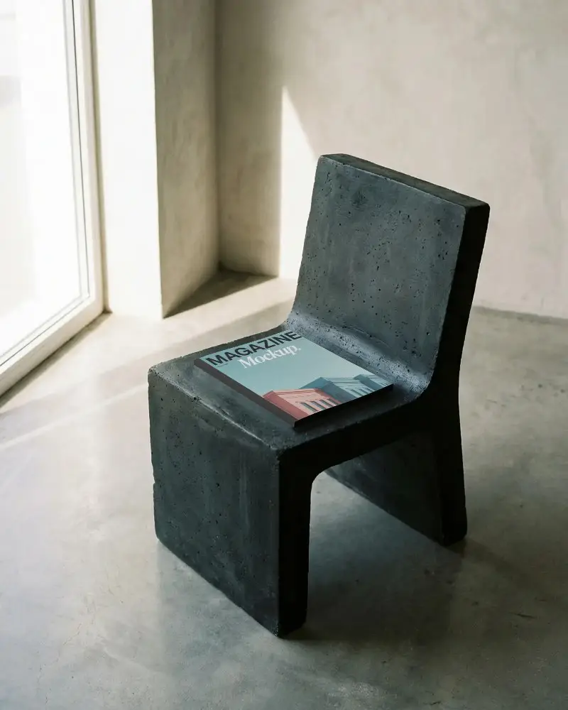 Minimalist Magazine Mockup Displayed On Modern Concrete Chair In Bright Room