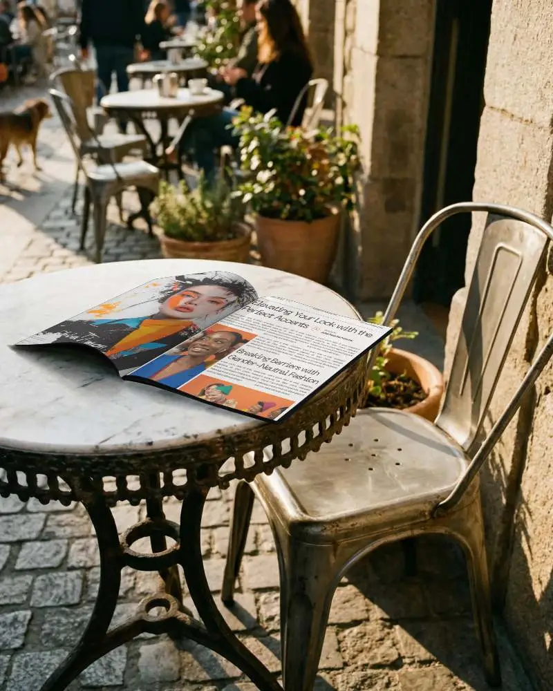 Open Magazine Mockup On Round Marble Table Outdoor Cafe Setting With Metal Chair