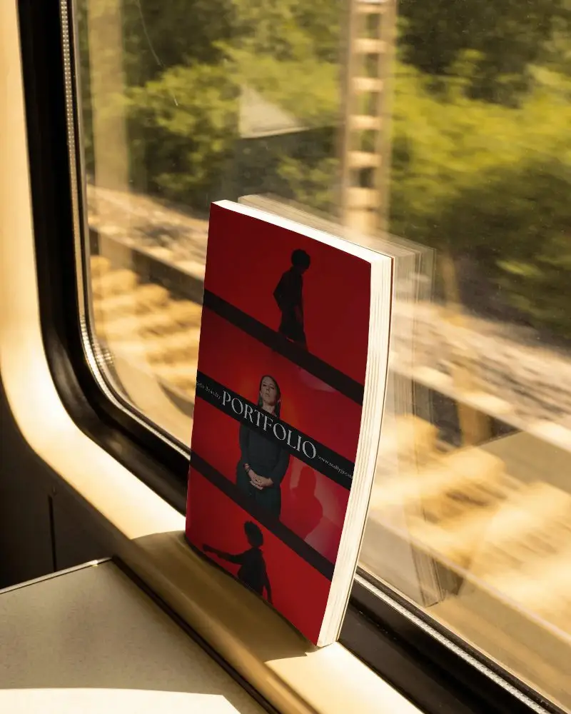 Magazine Mockup Blank Cover Standing Window Rail Railway Journey Reading Relax