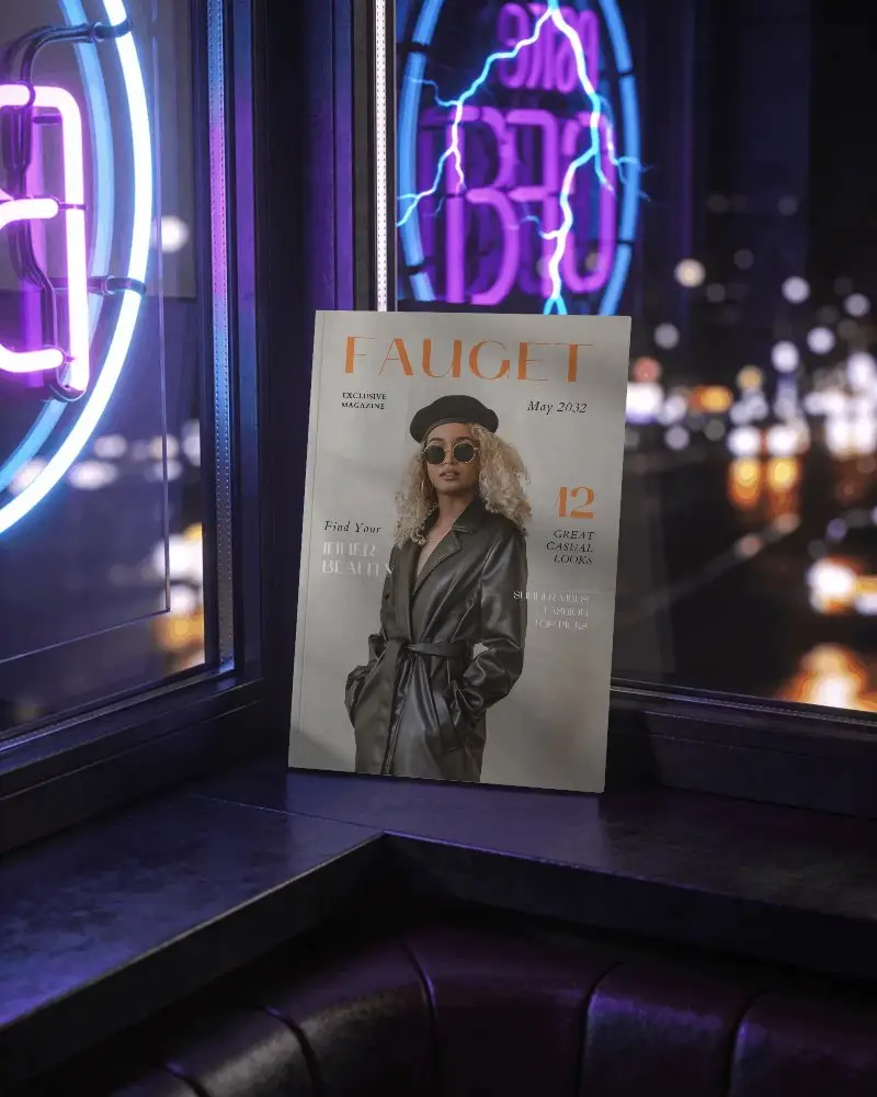 Urban Nightcity Magazine Mockup On Window Led Light Showcasing Modern Design Portfolio