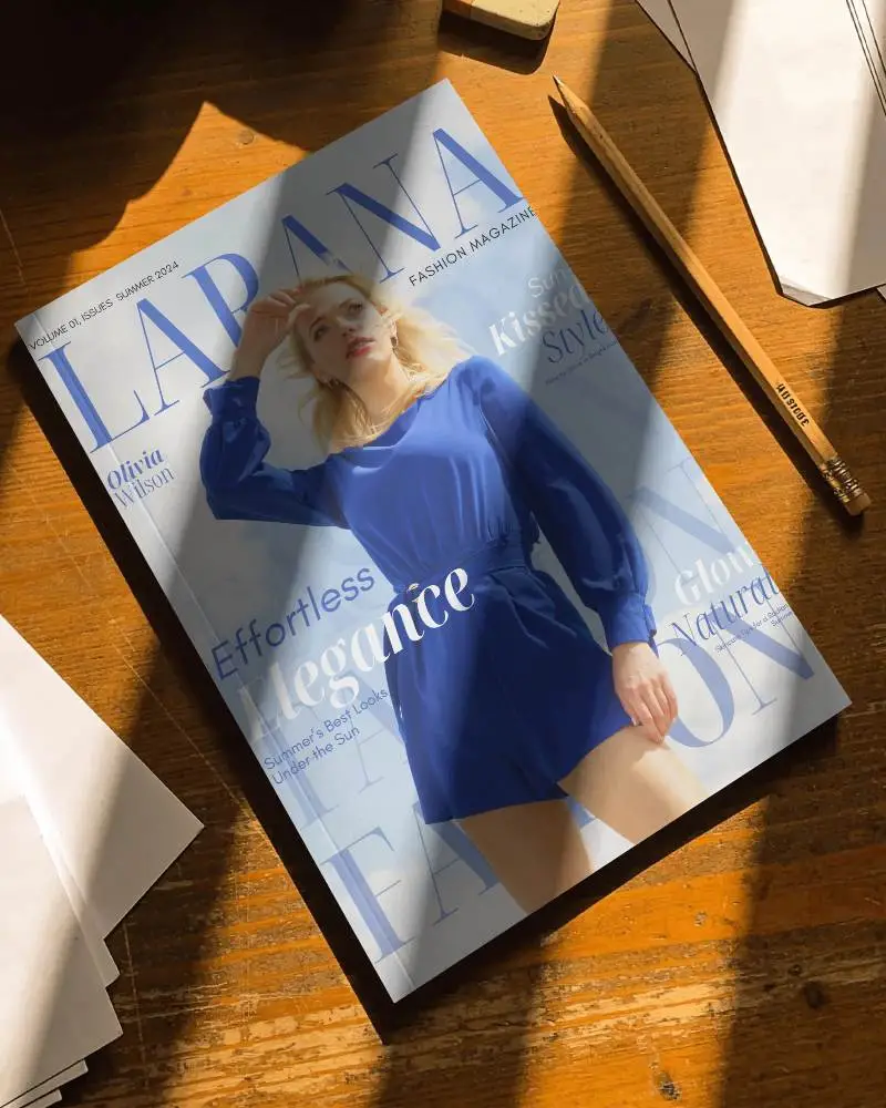 Blank Hardcover Magazine Mockup On Wooden Desk With Natural Light Shadows
