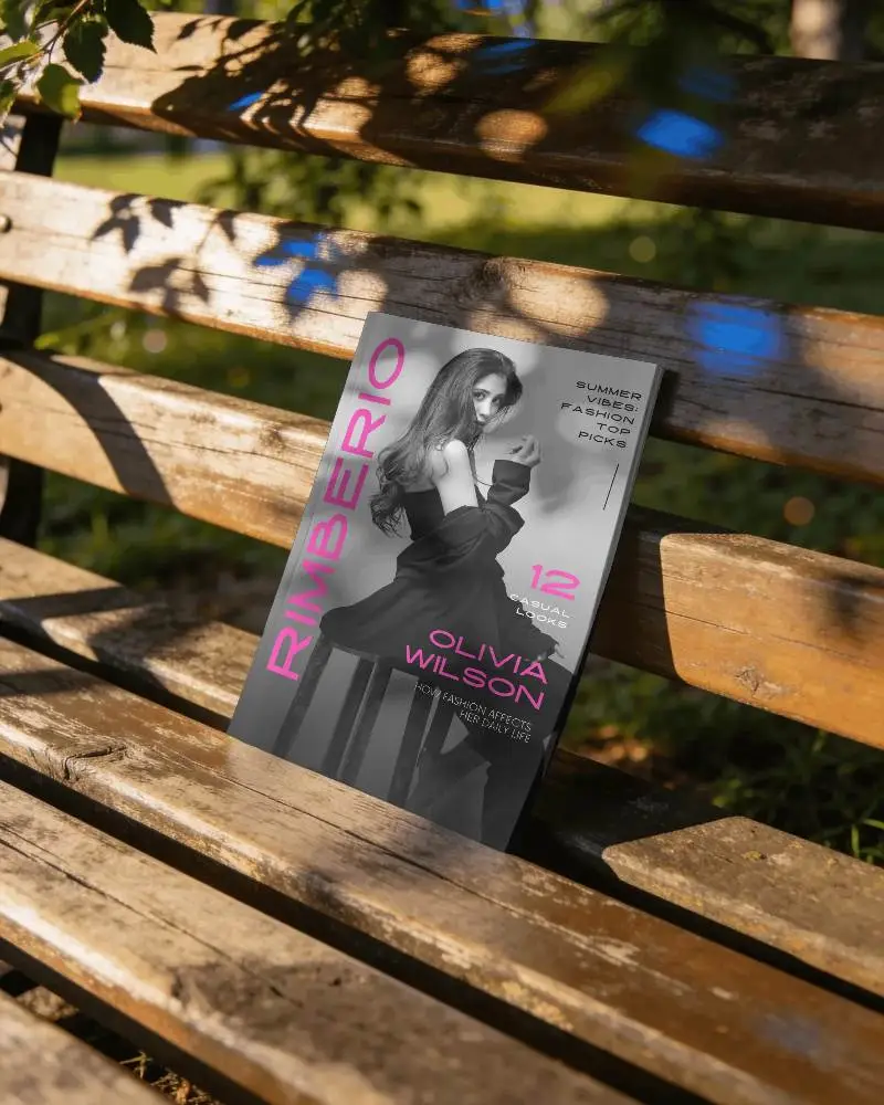 Nature Inspired Magazine Mockup On Wooden Bench For Outdoor Reading Concept