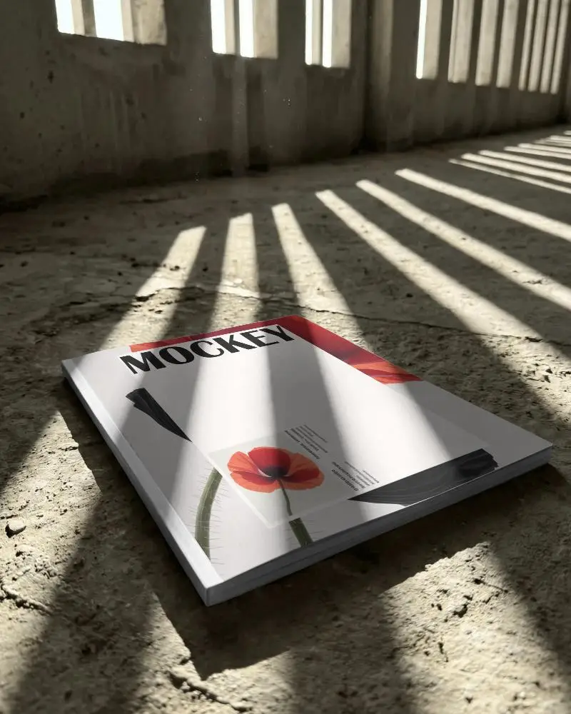 Sleek Hardcover Magazine Mockup On Textured Floor With Radial Light Shadows For Branding