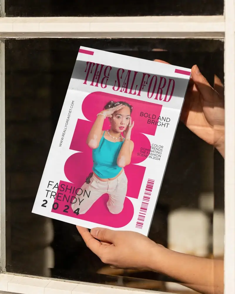 Realistic Magazine Mockup With Hands Showcasing Front Cover Layout Presentation