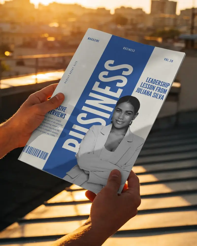 Hands Holding Blank Magazine Mockup In Urban Sunset Background For Design Presentation