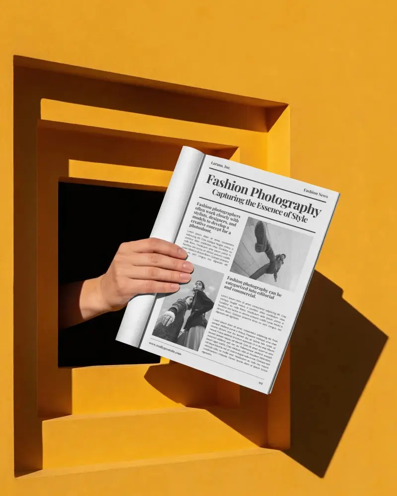 Hand Holding Blank Magazine Mockup Through Geometric Window Frame For Design Preview