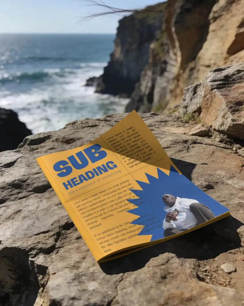 Magazine Mockup Placed On Rough Rock Surface Near Ocean Cliffs With Natural Light