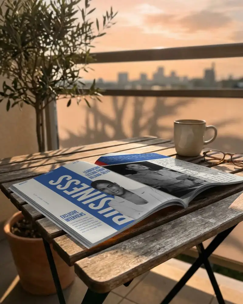 Open Magazine Mockup On Wooden Table With Scenic Balcony And Morning Light Setting
