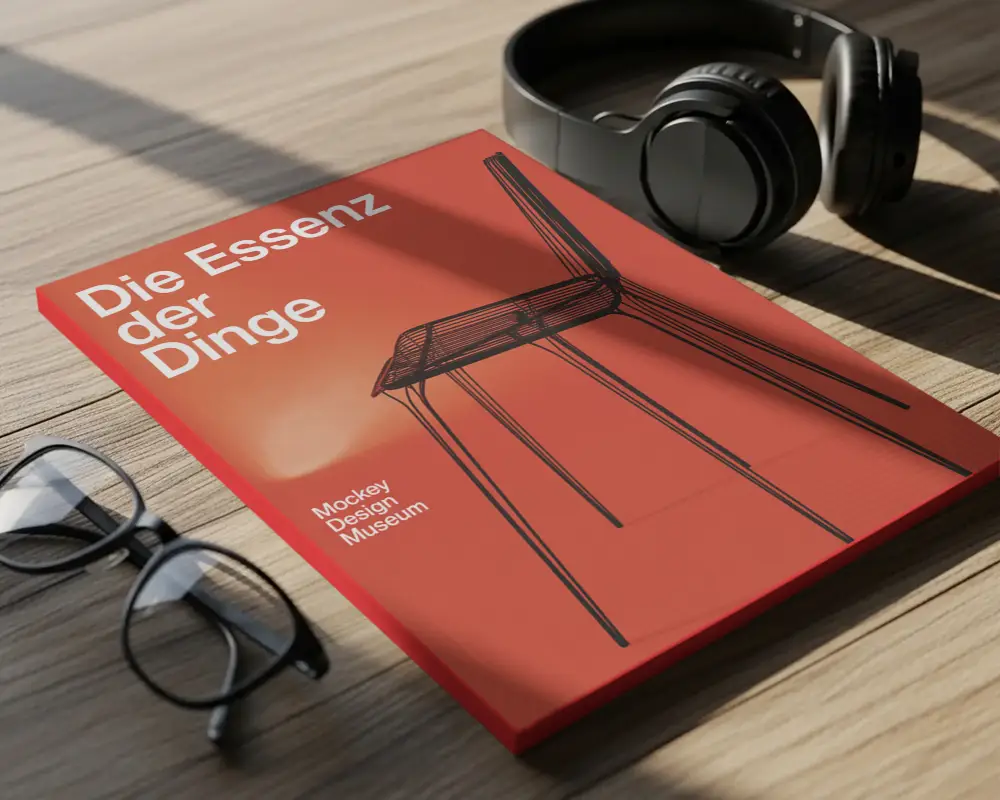 Minimalist Magazine Mockup With Headphones And Eyeglasses On Wooden Background