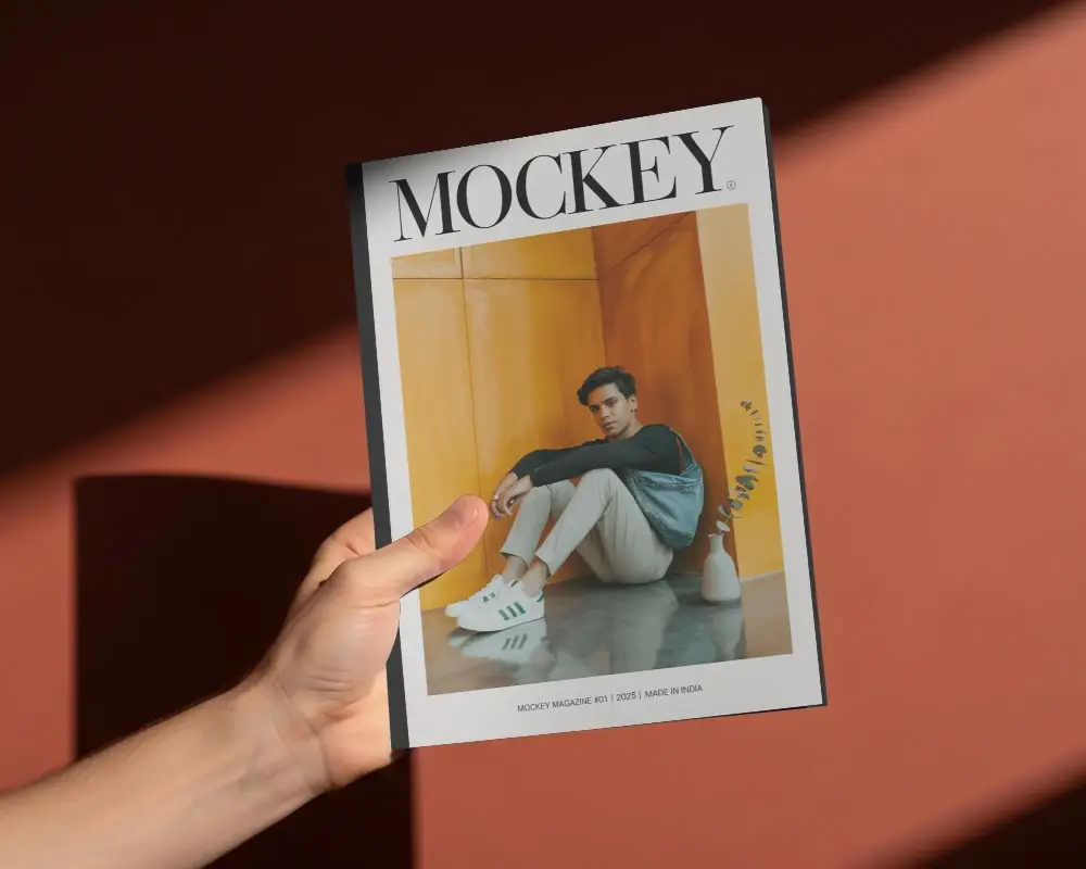 Hand Holding Minimalist Magazine Mockup Against Textured Background For Design Presentations