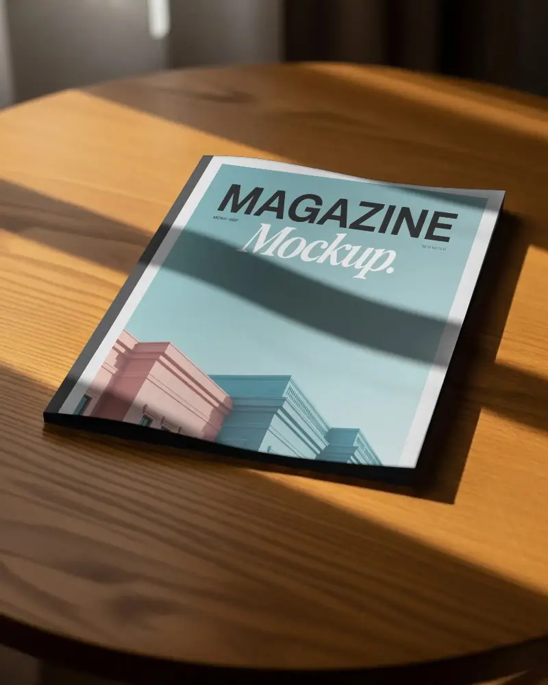 Minimalist Magazine Mockup On Wooden Table With Natural Light Shadow Effect