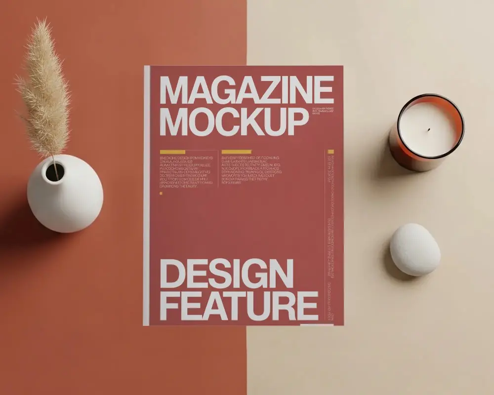 Elegant Minimalist Magazine Mockup With Ceramic Vase Candle And Neutral Tone Background