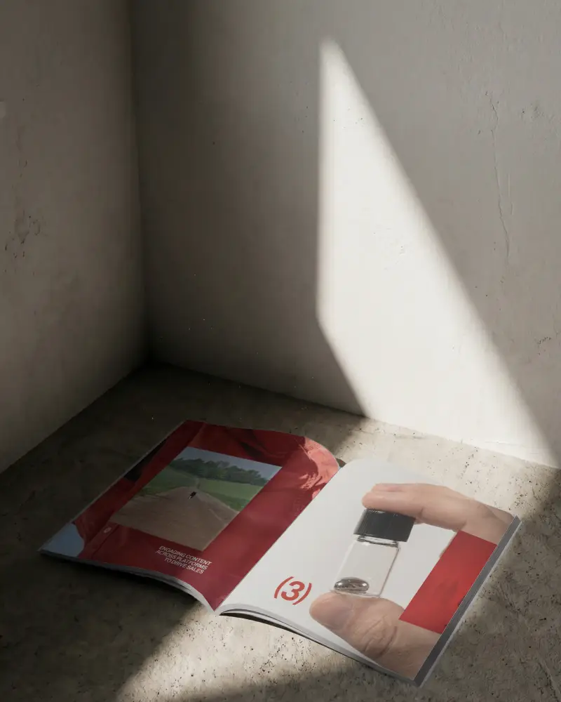 Open Magazine Mockup On Minimalist Surface With Natural Light And Shadow Play
