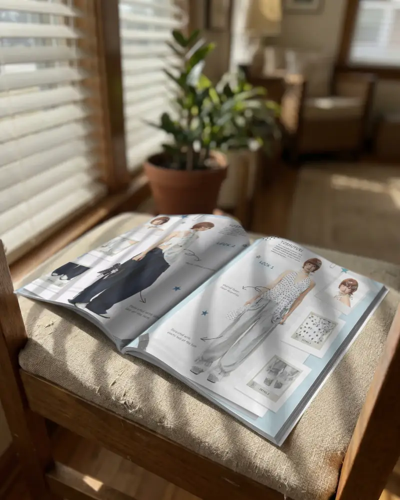 Realistic Magazine Mockup Open Blank Pages On Textured Chair With Natural Light Shadows