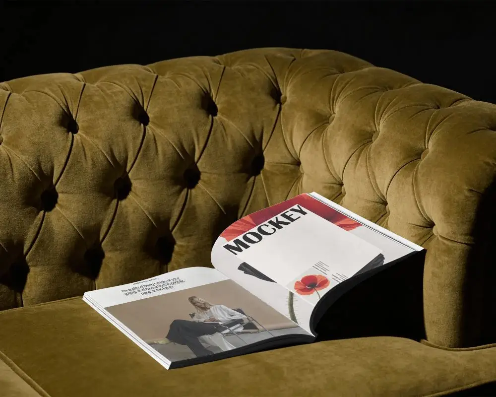 Open Magazine On Tufted Sofa Lifestyle Entertainment Design Reading Relaxation