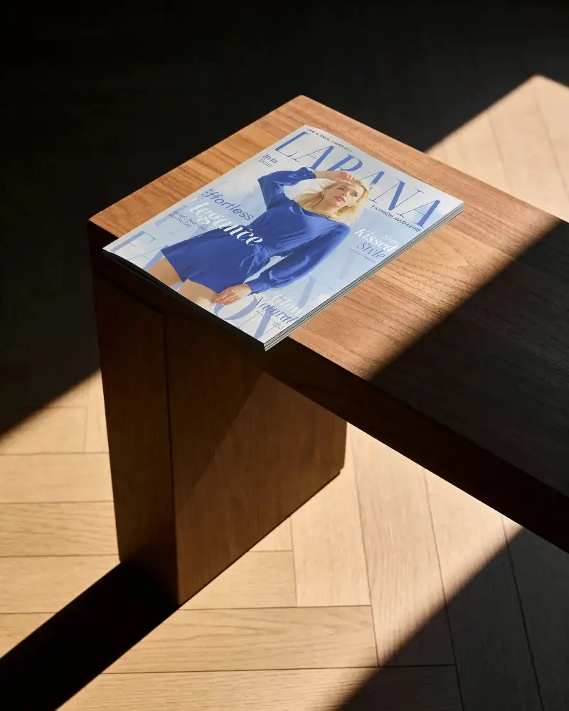 Elegant Minimalist Closed Magazine Mockup On Wooden Table With Natural Light Shadow