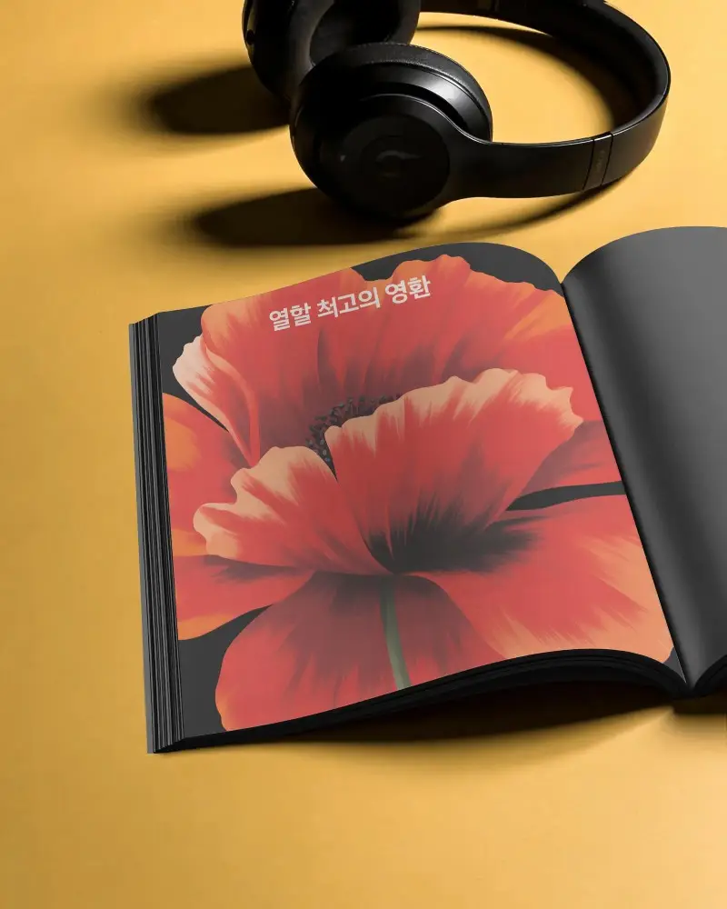 High Quality Mockup Of An Opened Magazine Layout With Headphones Accessory