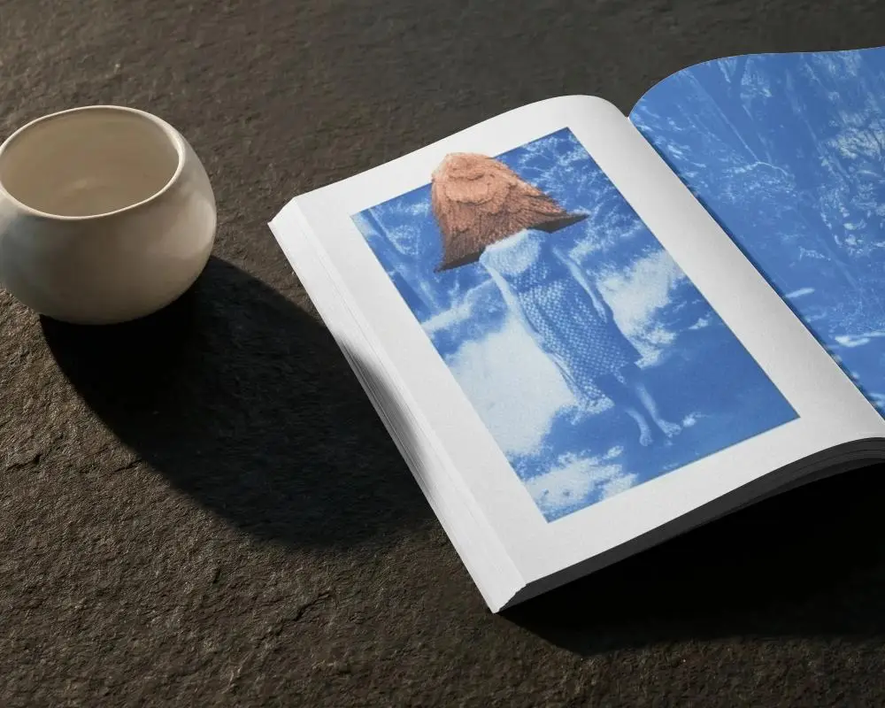 Open Magazine Mockup On Textured Surface With Empty Blank Pages For Design Display