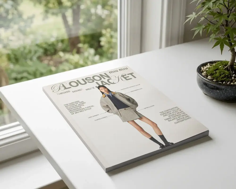 Closed Magazine Design Template On White Table With Natural Background View