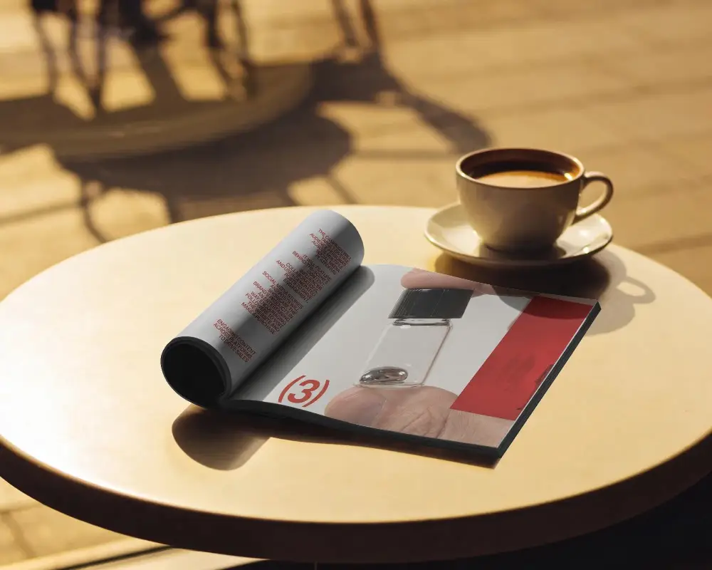 Minimal Magazine Mockup On Round Table With Shadows And Warm Lighting Scene
