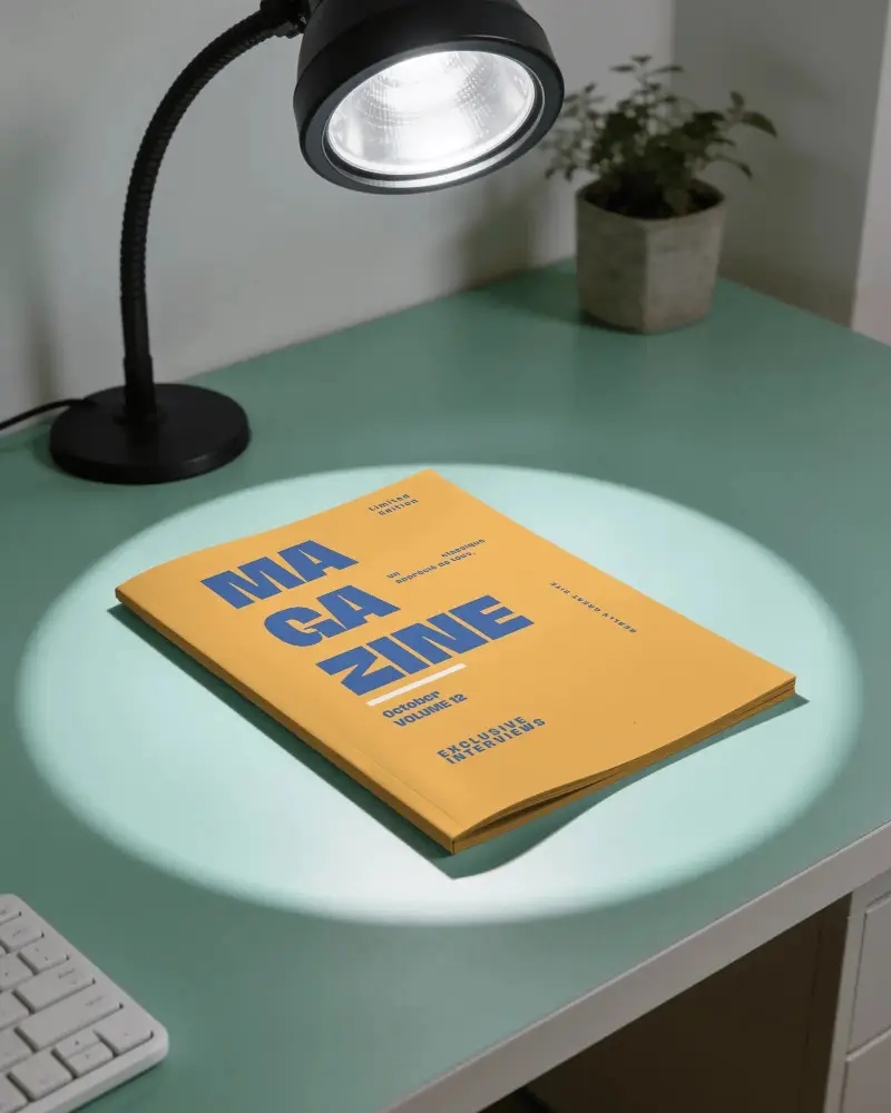 Modern File Magazine Mockup On Desk With Directed Lighting For Presentation