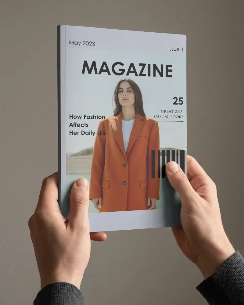 Magazine Cover Mockup Held By Two Hands Against Minimalist Solid Background