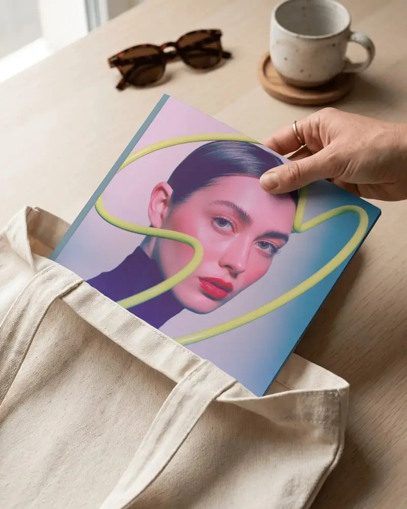 Casual Lifestyle Magazine Mockup Placed In Tote Bag Next To Coffee Mug And Sunglasses Set