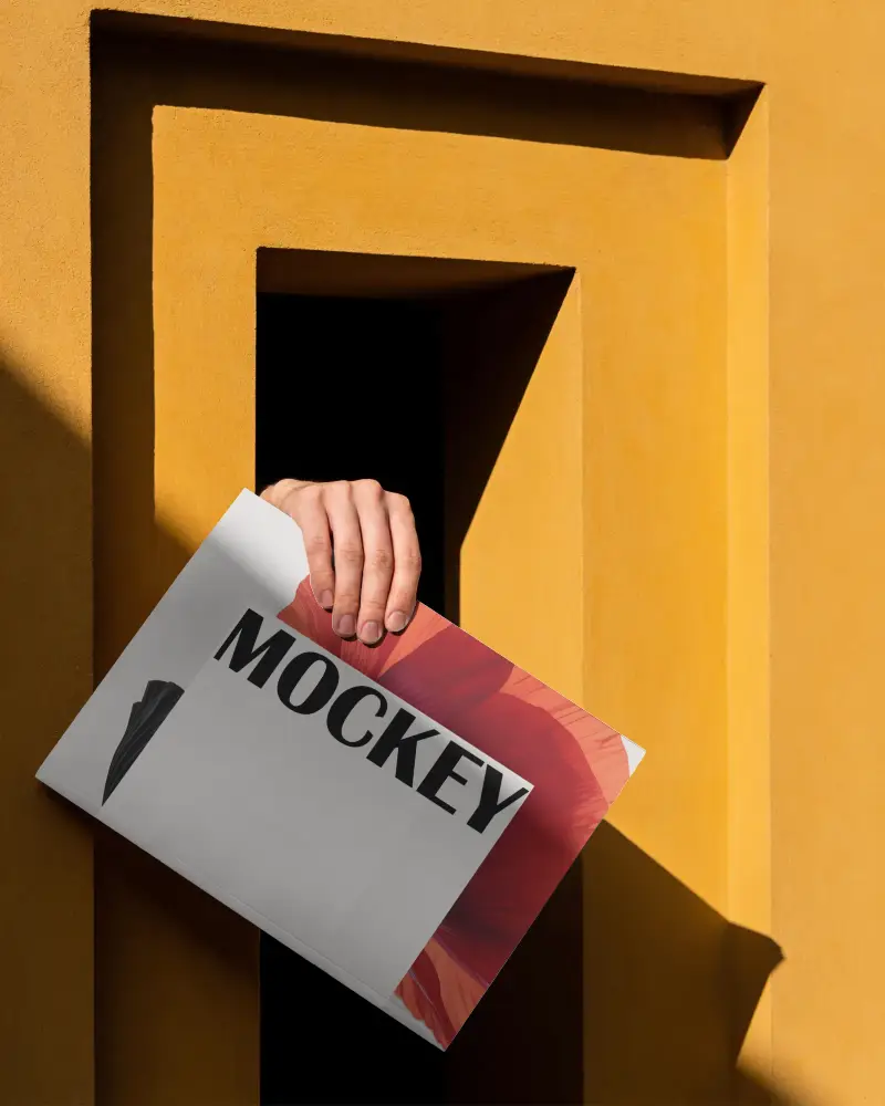 Blank Magazine Mockup Placed By Hand In Rectangular Architectural Window Shadow Play
