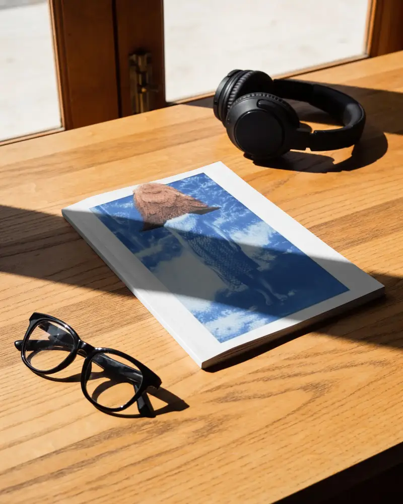 Desktop Magazine Mockup With Headphones And Eyewear On Wood Table For Design Preview