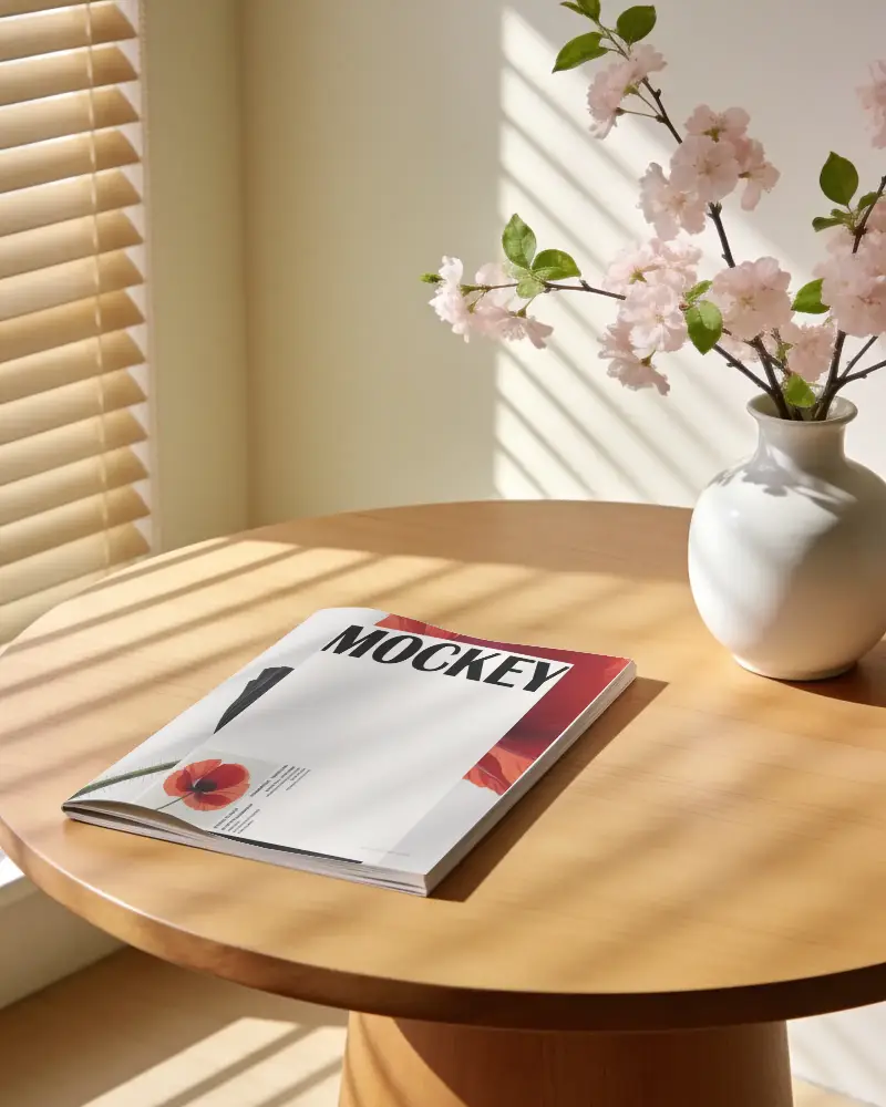 Minimalist Stylish Magazine Mockup On Round Table With Natural Light Shadows