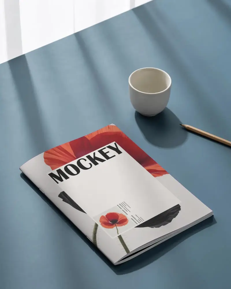 Minimalistic Magazine Mockup With Cup And Pencil On A Smooth Flat Surface Background