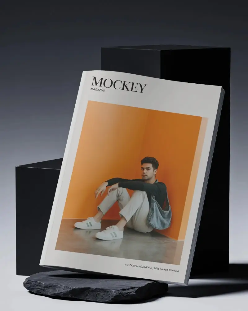 Minimalist Magazine Mockup Display On Stone With Black Urban Geometric Backdrop