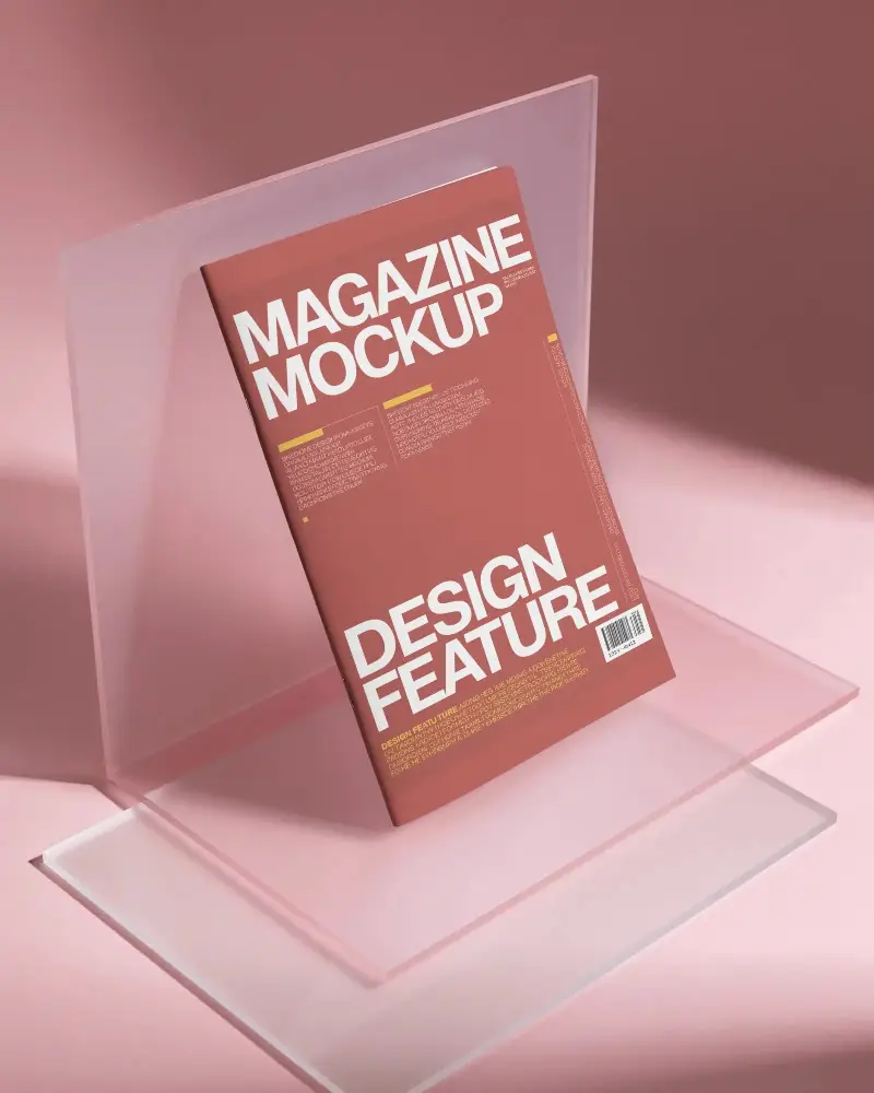 Sleek Minimalist Magazine Mockup Standing Upright On Transparent Acrylic Plate Display