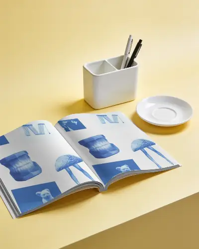 Minimal Magazine Mockup Layout With Pen Cup And Small Plate On Stylized Tabletop