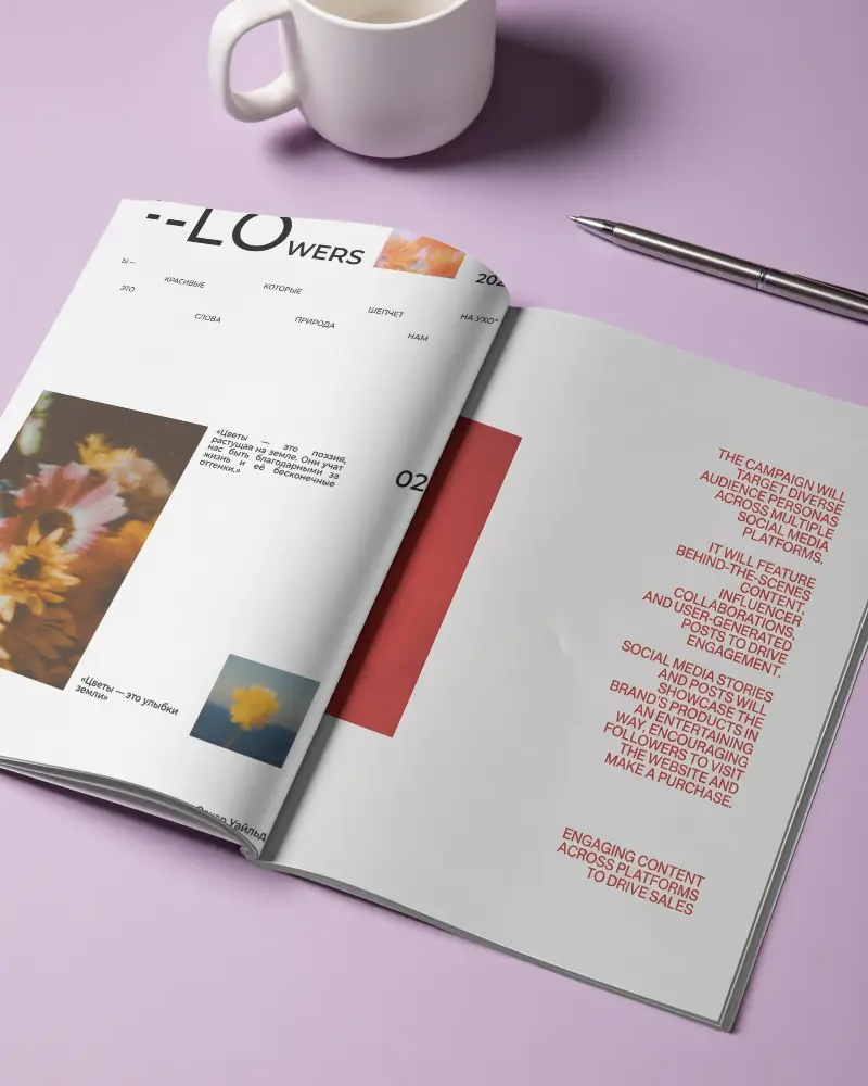 Open Magazine Mockup On Soft Colored Background With Stylish Pen And Cup