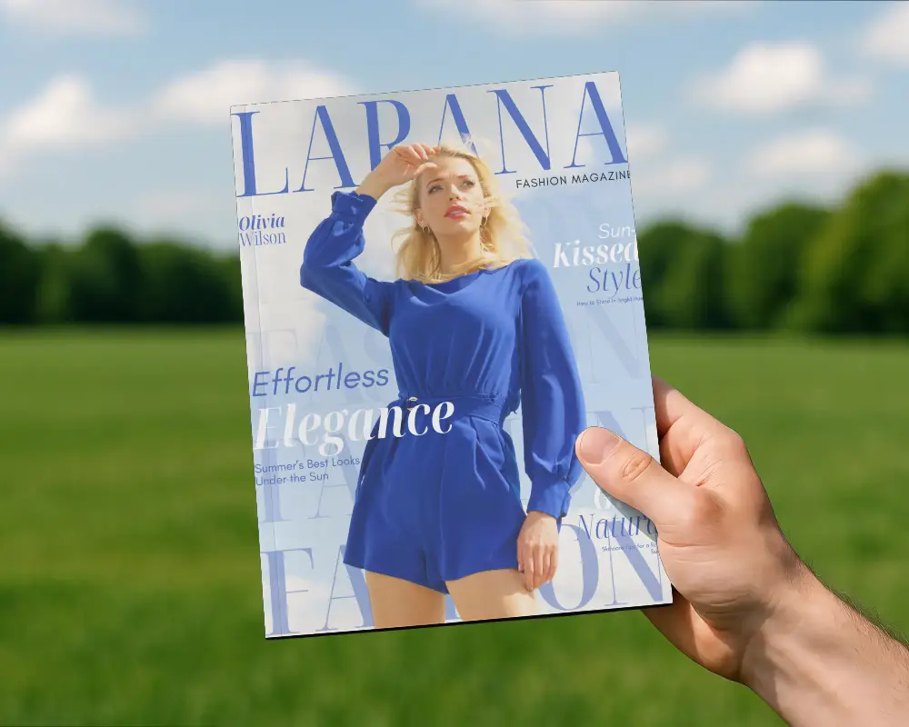 Realistic Magazine Mockup With Hand Holding Outdoor Background Soft Light
