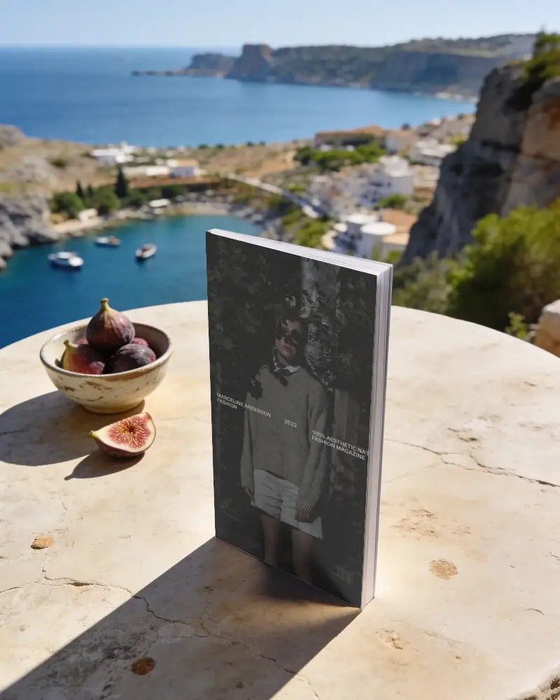 Standalone Magazine Mockup On Stone Table Overlooking Seaside Village Summer Vacation Theme