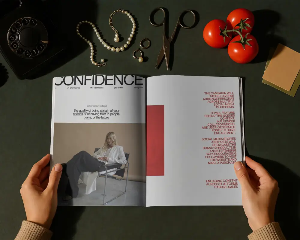 Top View Blank Magazine Mockup Held By Hands With Accessories And Tomatoes Around
