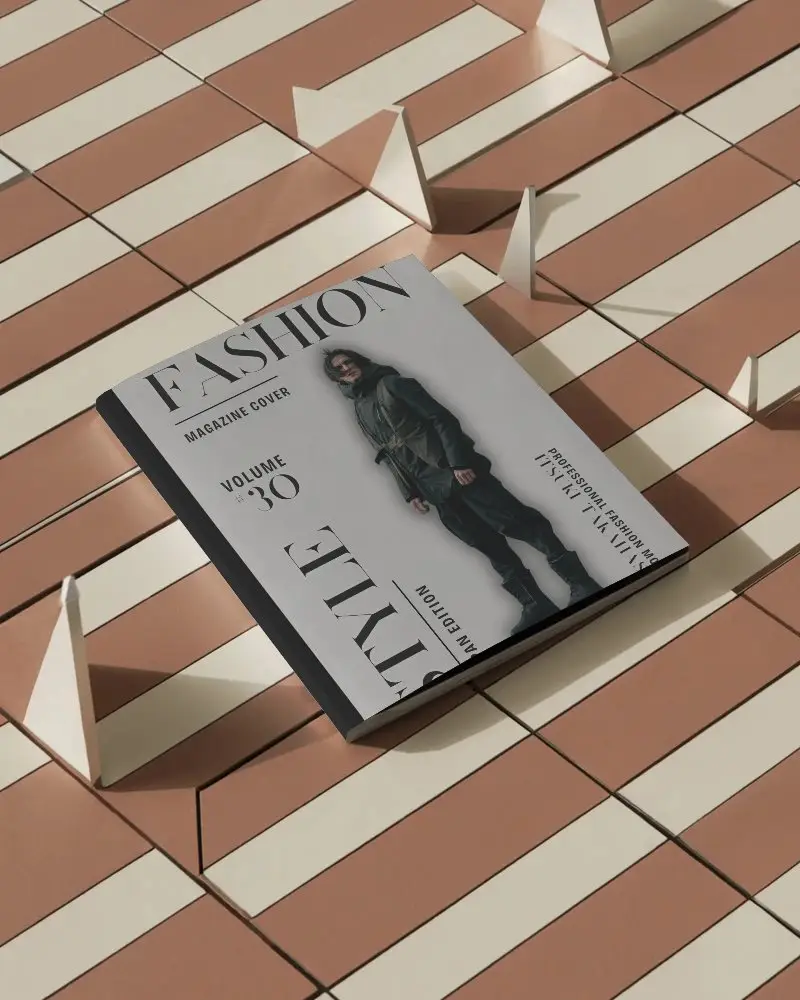 Angled Hardcover Magazine Mockup On Striped Tile Surface With Geometric Pyramid Shadows And Soft Daylight For Elegant Brand Presentation 0283