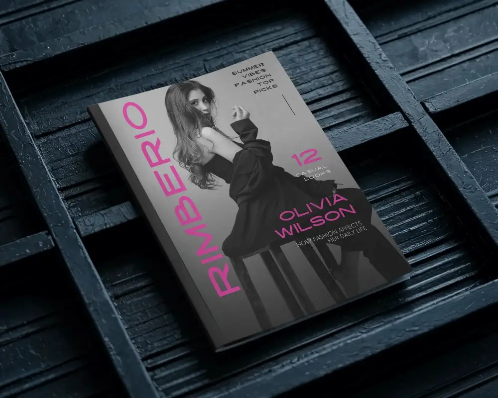 Angled Top View Magazine Mockup On Dark Wooden Slat Surface With Subtle Texture And Soft Directional Lighting 0197