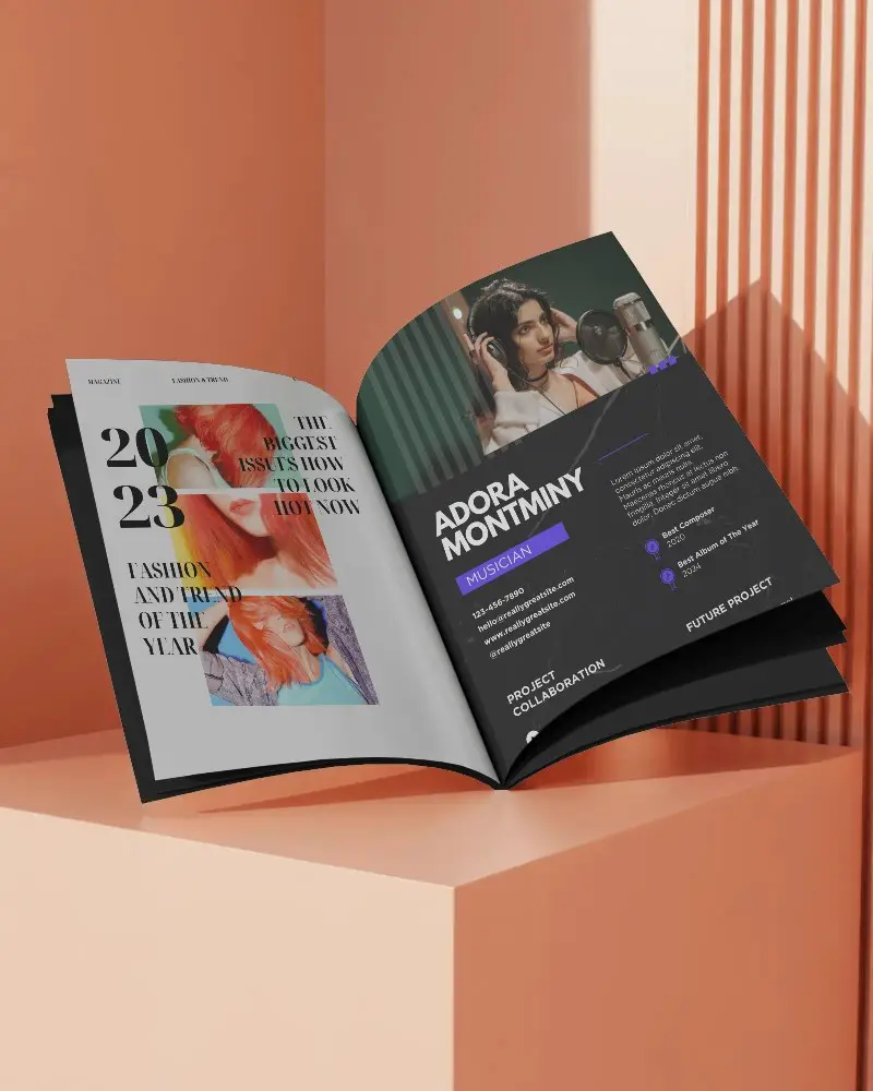 Bold Orange Podium Open Magazine Mockup Modern Minimalist Setup With Clean Pages For Design Showcase 0302