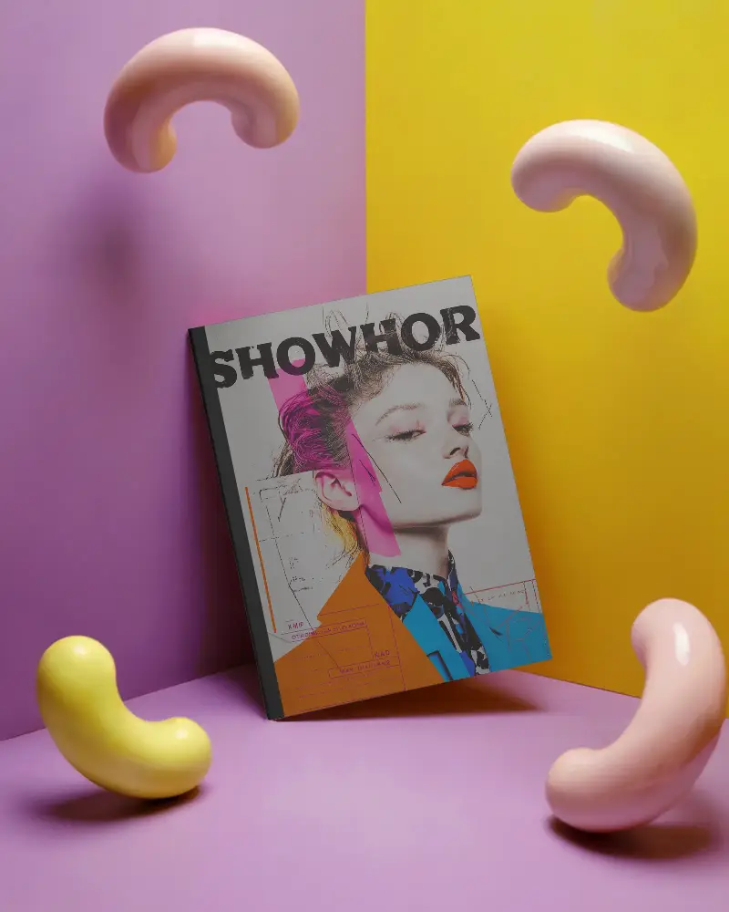 Colorful Dual Tone Magazine Mockup Vertical Cover Standing On Vibrant Purple And Yellow Background With Floating Organic Shapes 0315