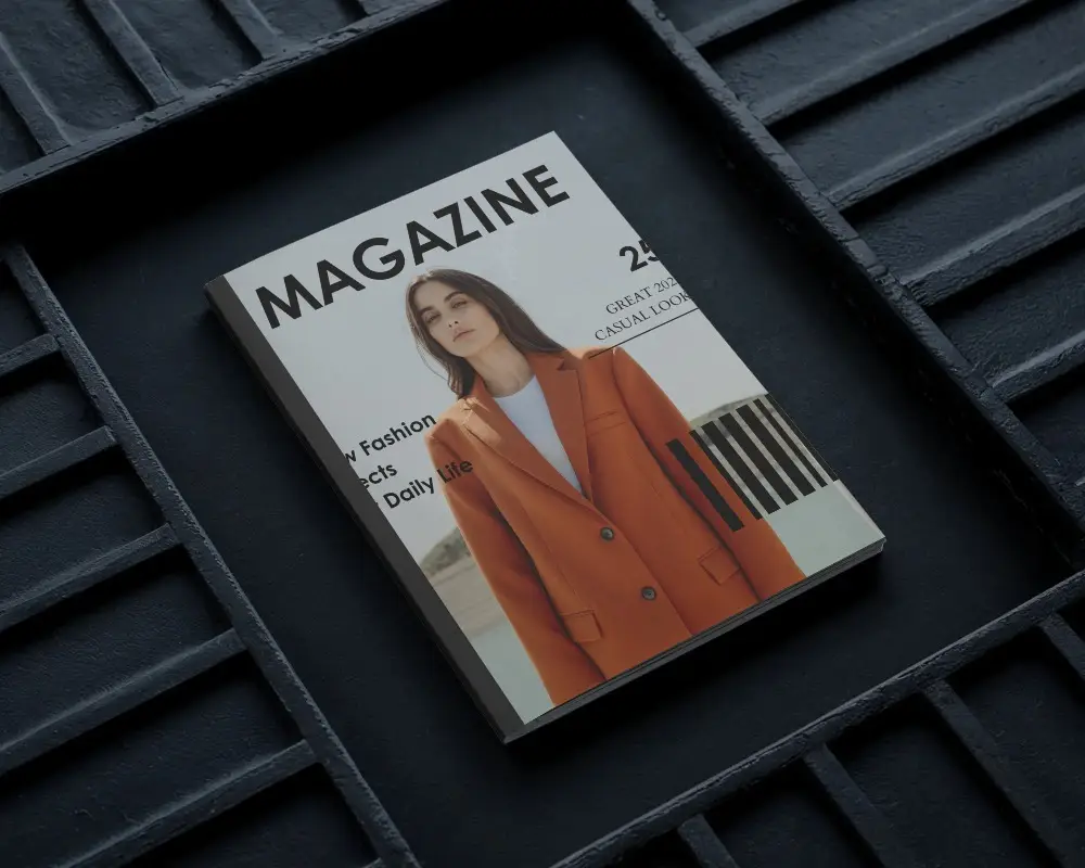 Dark Metallic Surface Magazine Mockup Angled Top View With Hard Shadows And Modern Industrial Atmosphere 0196