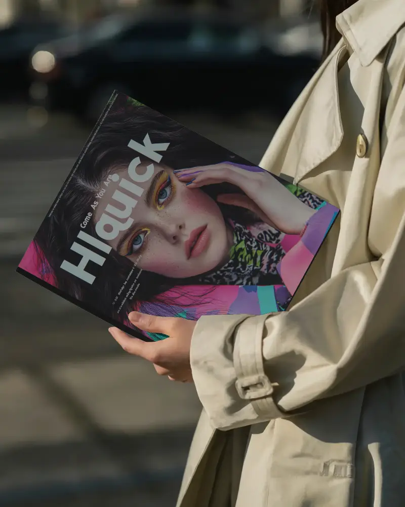 Daylight Street Magazine Mockup Person Holding Landscape Booklet In Trench Coat Outdoor Urban Environment Natural Light 314